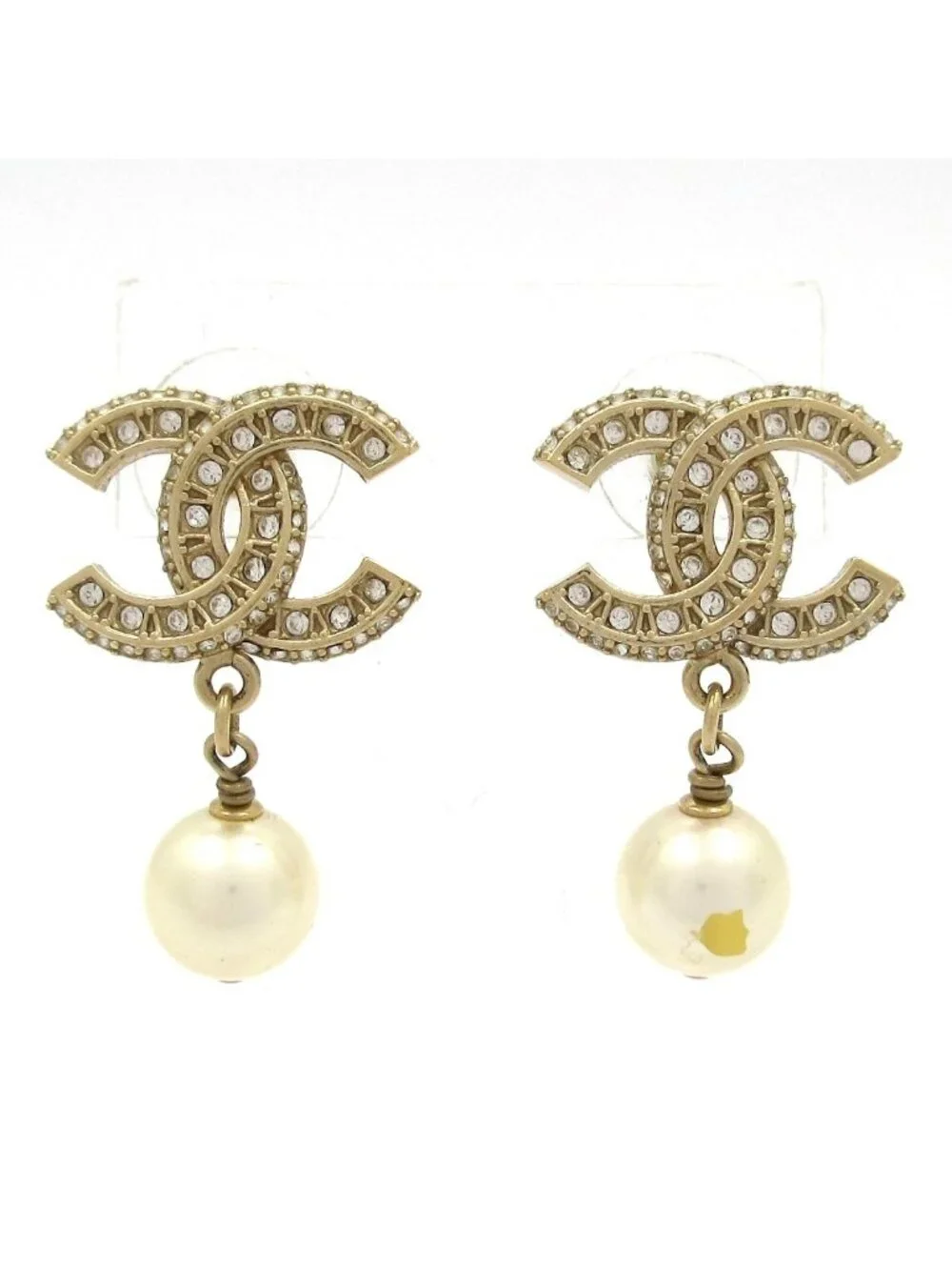 Chanel Earrings CC Logo Gold White Clear